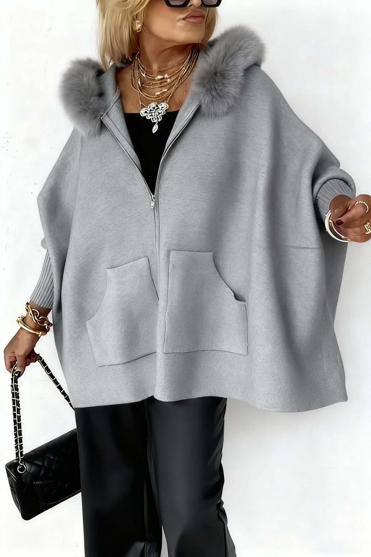 Oversized Faux Fur Hood Zip Up Knit Cardigan Pockets