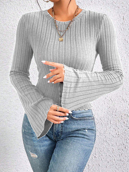 Women Ribbed Bell Sleeve Crop Top Long Sleeve