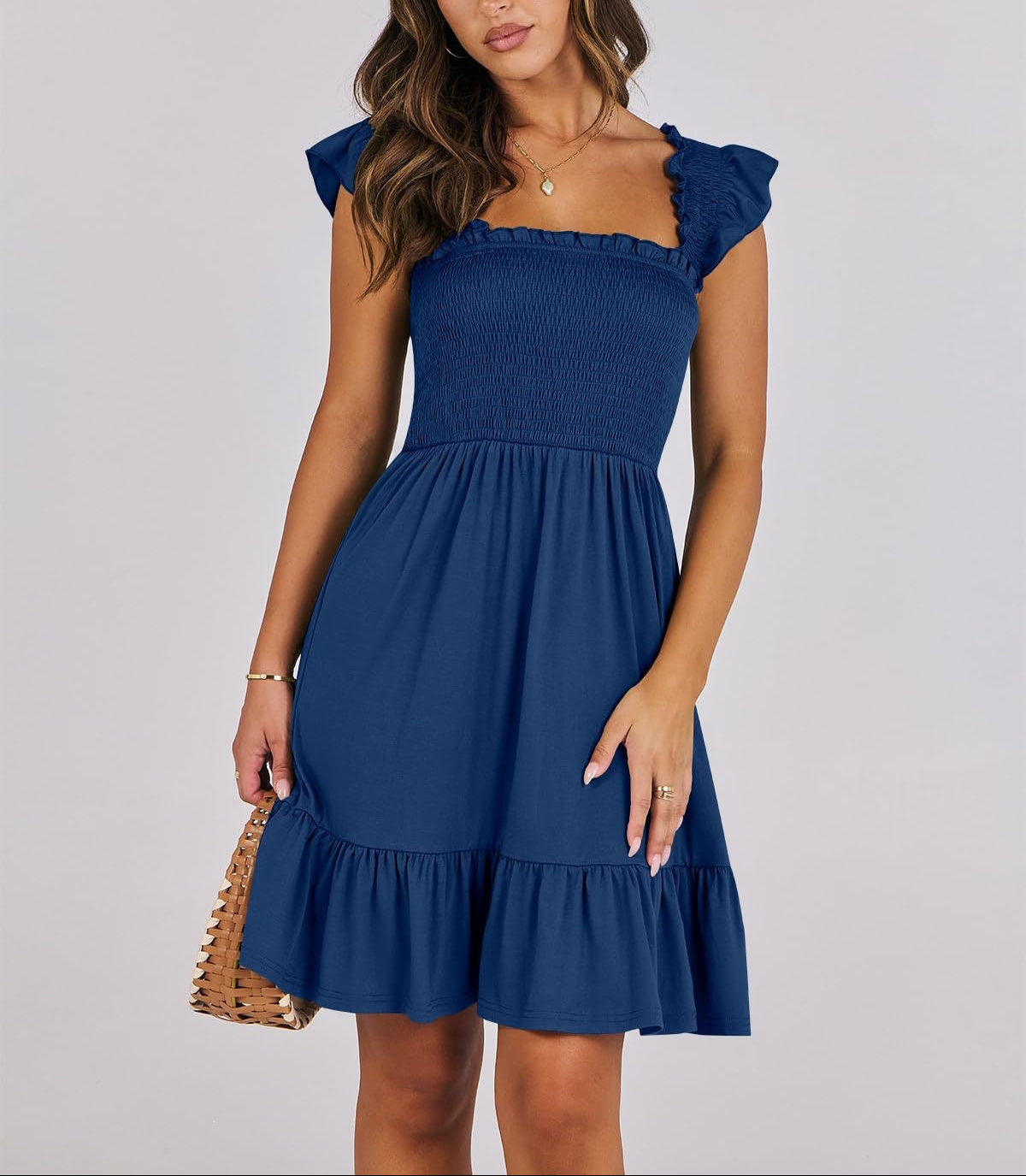 Smocked Square Neck Ruffle Sleeve Midi Dress