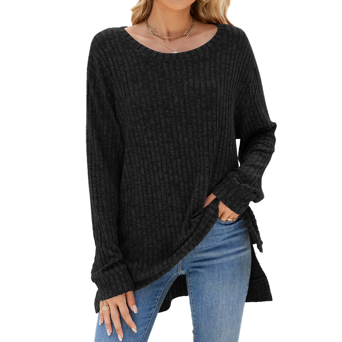 Women's Oversized Ribbed Long Sleeve Side Slit Tunic Top
