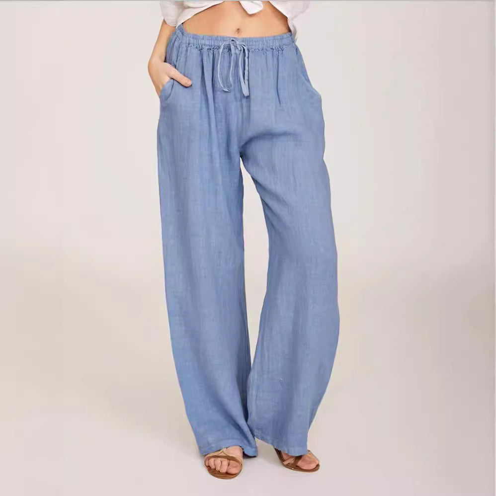 Womens Linen Wide Leg Pants High Waist Drawstring Casual