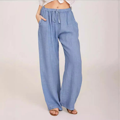 Womens Linen Wide Leg Pants High Waist Drawstring Casual