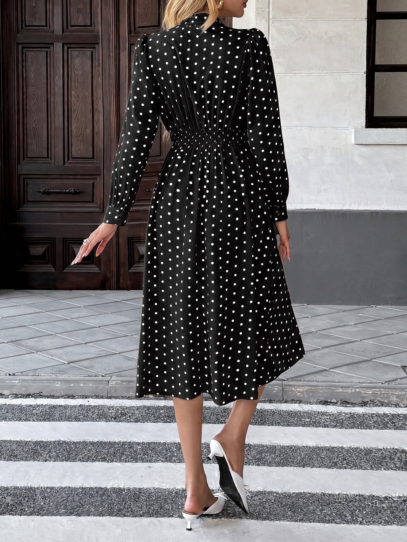 Polka Dot Bow Tie Long Sleeve A-Line Midi Dress