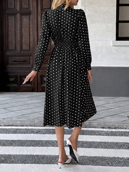 Polka Dot Bow Tie Long Sleeve A-Line Midi Dress