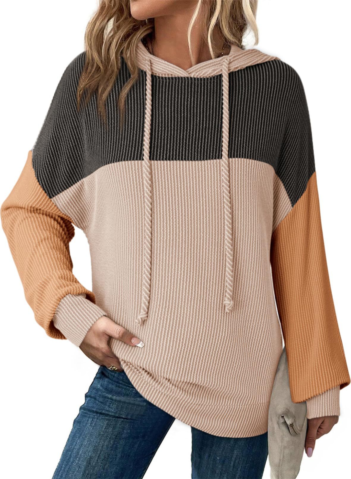 Color Block Ribbed Knit Hoodie Long Sleeve Sweatshirt