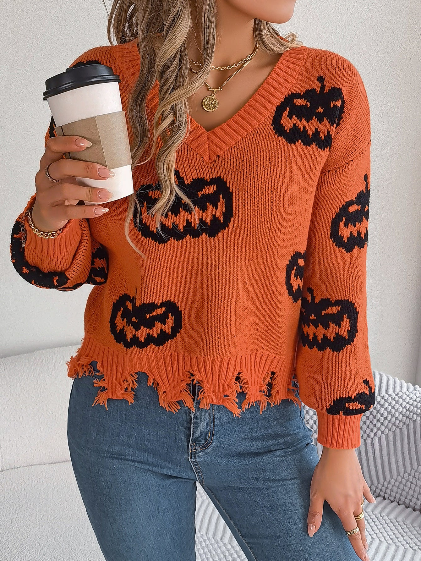 Halloween Pumpkin Knit Sweater with Frayed Hem
