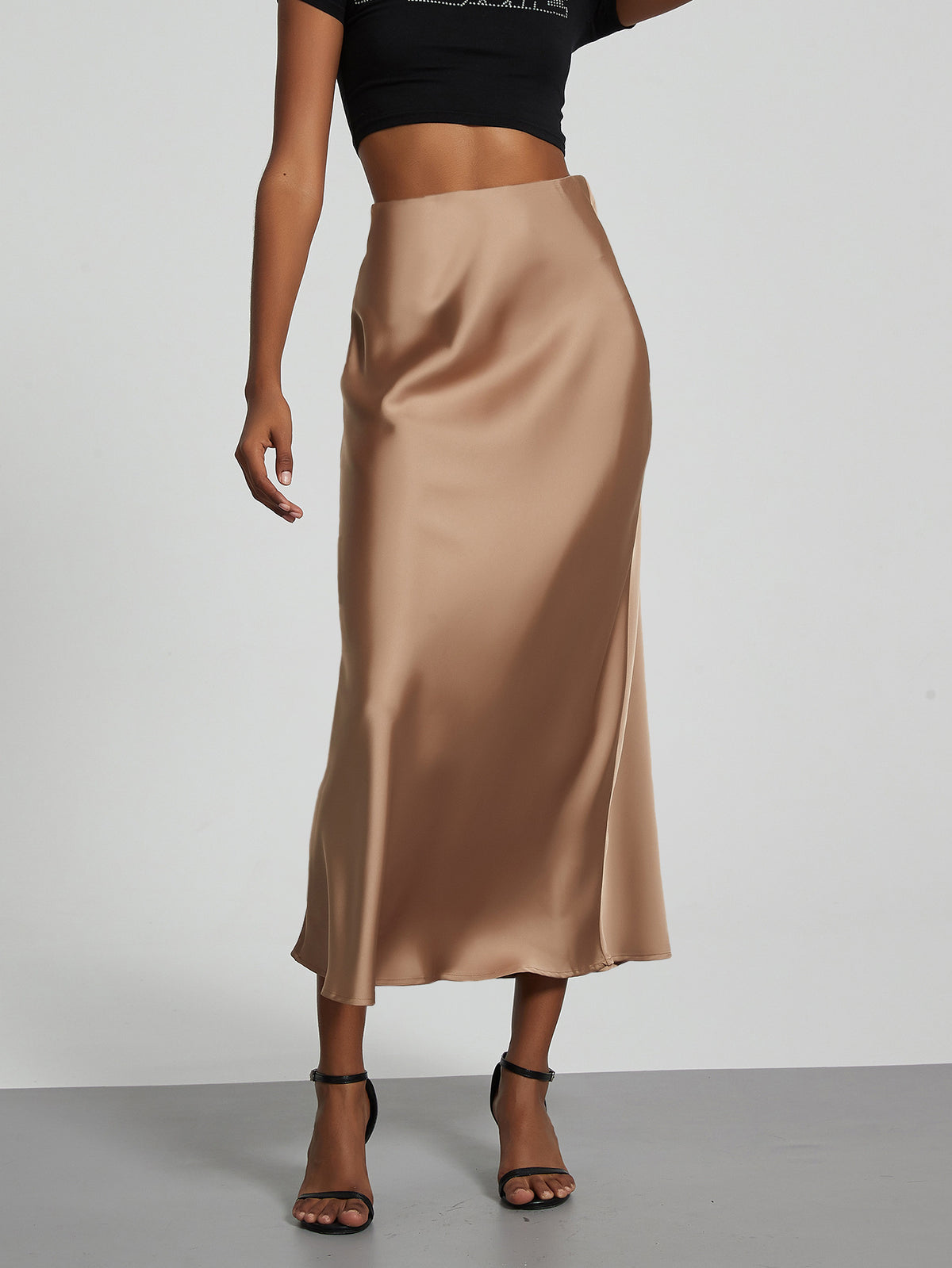Women's Satin Midi Skirt High Waist Silky Flowy Elegant