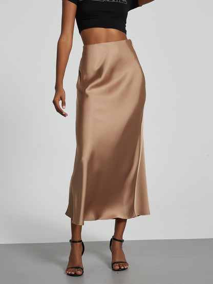Women's Satin Midi Skirt High Waist Silky Flowy Elegant