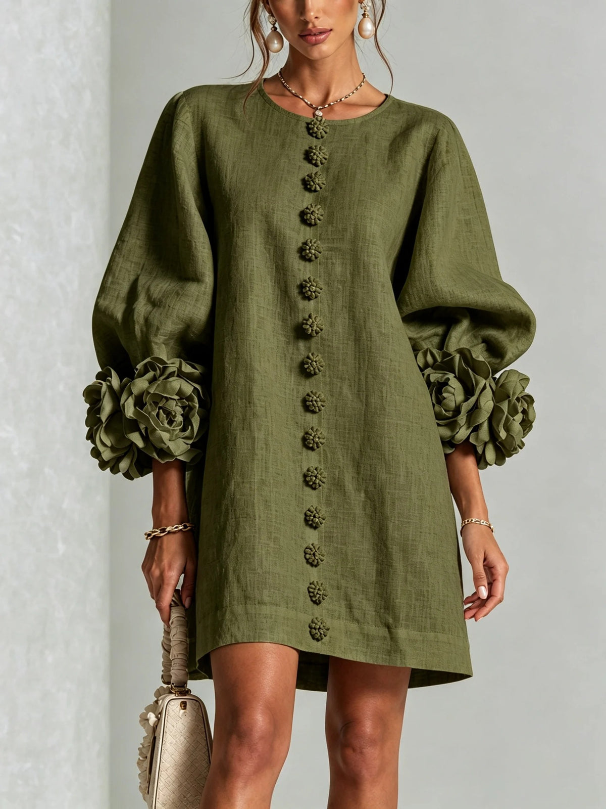 Women's 3D Floral Puff Sleeve Linen Blend Mini Dress
