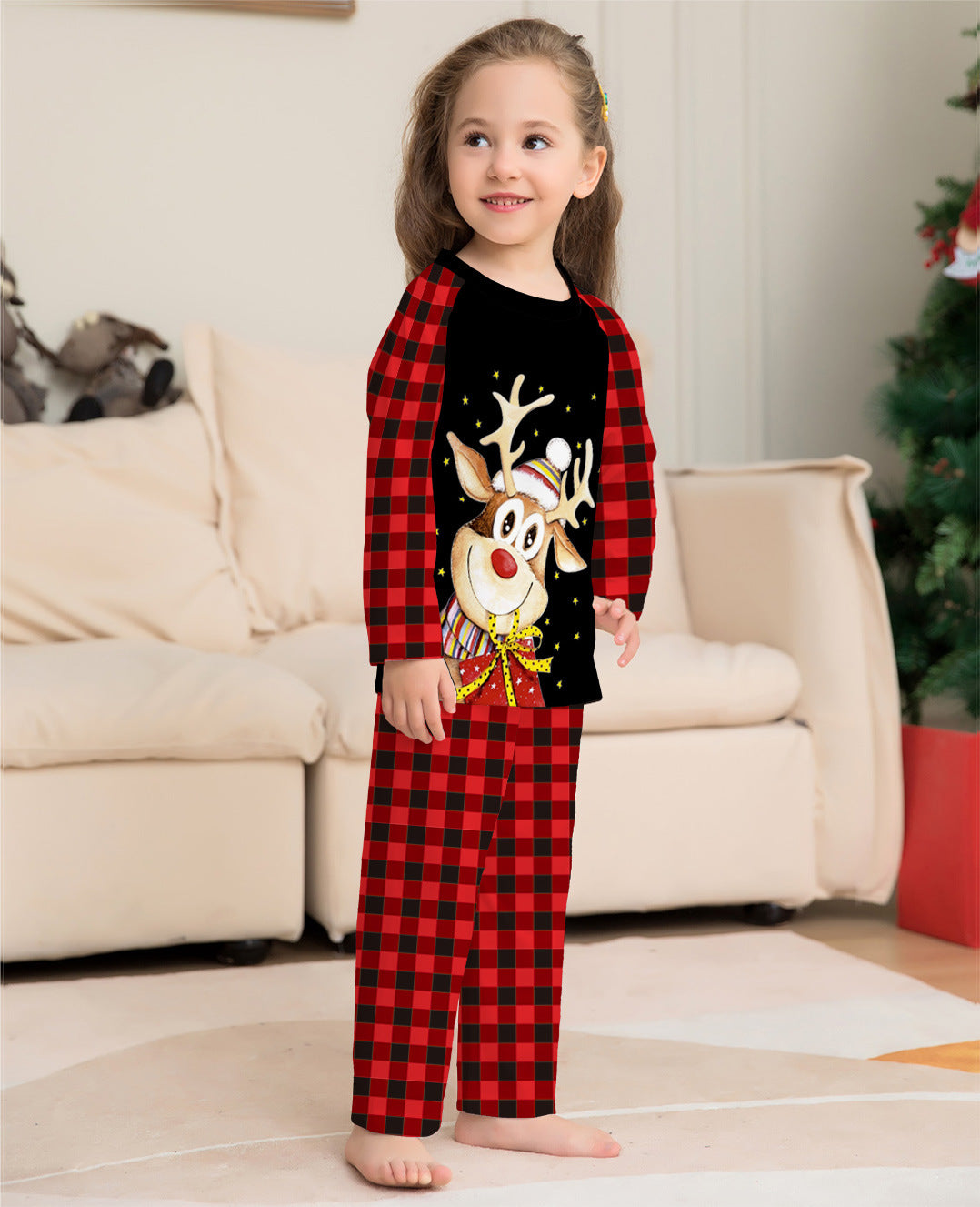 Cartoon Deer Plaid Parent-child Dress Printed Christmas Pajamas