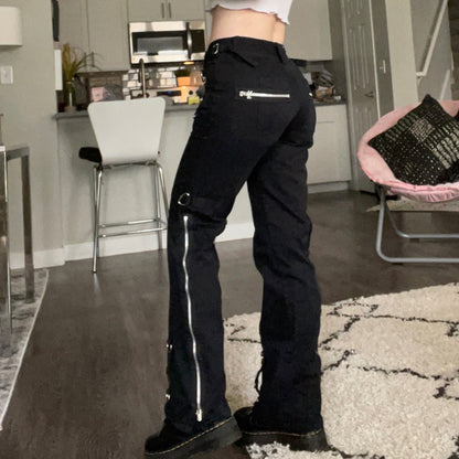 Women's Low Rise Cargo Pants Black Straight Leg Y2K Zipper