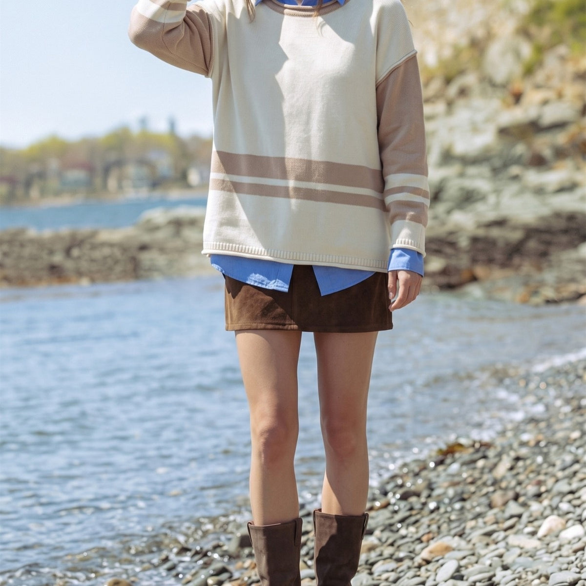 Women's Oversized Color Block Striped Crewneck Sweater