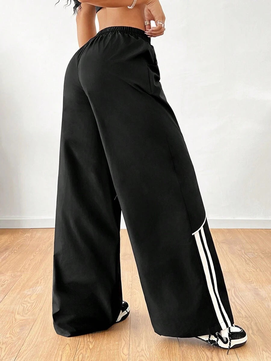 Women Baggy Wide Leg Pants Contrast Trim Low Rise Y2K