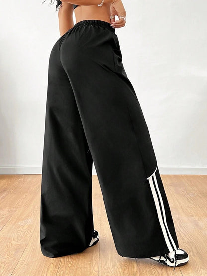 Women Baggy Wide Leg Pants Contrast Trim Low Rise Y2K