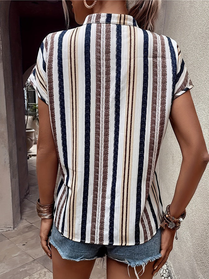 Striped V-Neck Batwing Sleeve Blouse for Women