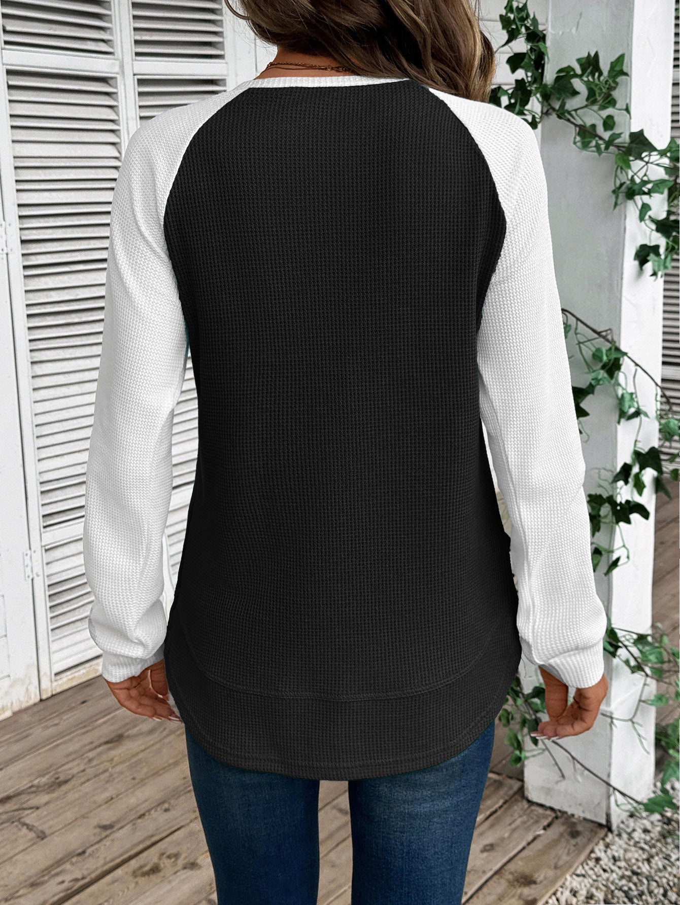 Colorblock Waffle Knit Long Sleeve Top Women Casual Tee