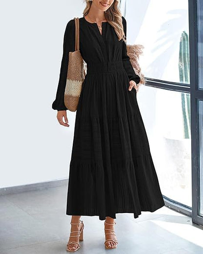 Women's V-Neck Long Sleeve Tiered Maxi Smocked Cotton Dress