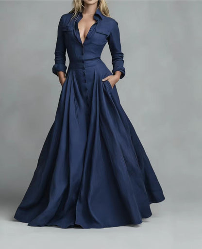 Women's Long Sleeve Collared Maxi Dress A-Line with Pockets