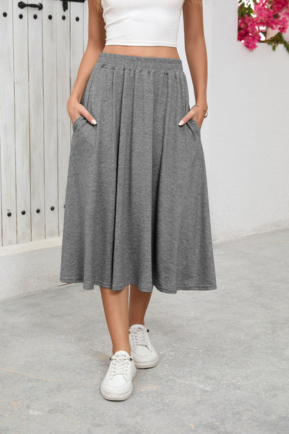 Solid Knit Midi Skirt High Waist A Line Elastic Work