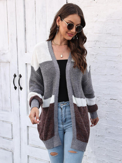 Women's Cardigan Contrasting Color Splicing Long-sleeved Loose Coat