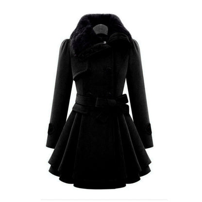 Women's Double Breasted Wool Coat Faux Fur Collar Swing