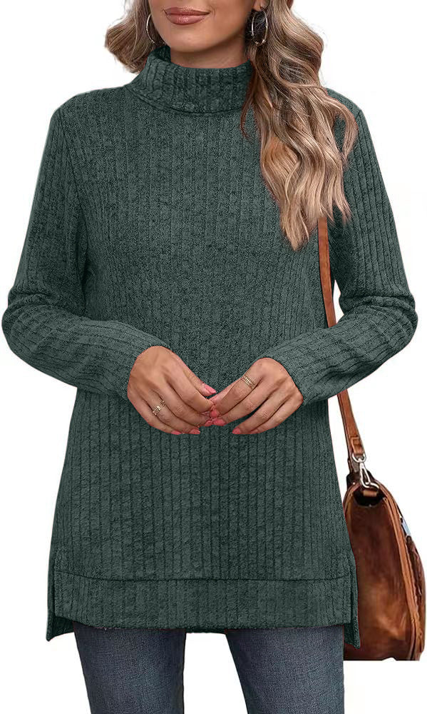 Oversized Ribbed Turtleneck Tunic Top Side Split