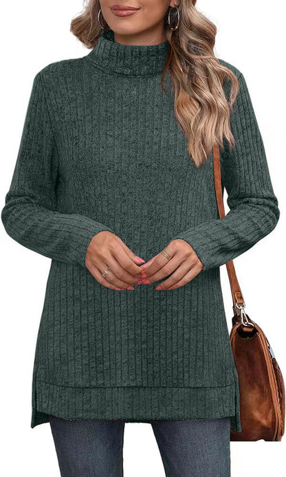 Oversized Ribbed Turtleneck Tunic Top Side Split