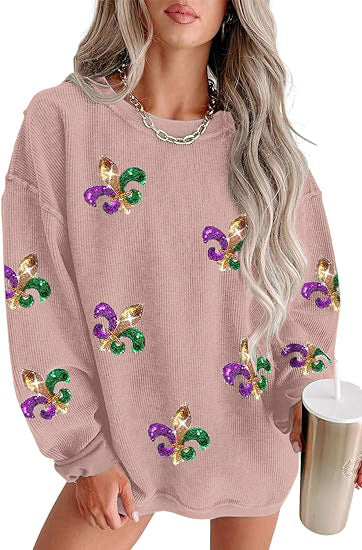 Women's Corduroy Oversized Embroidered Crewneck Sweatshirt