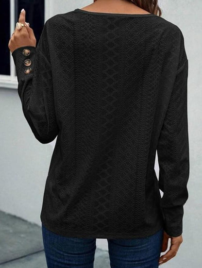 Eyelet V Neck Long Sleeve Loose Fit Casual Blouse