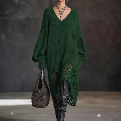 Oversized V-Neck Knit Sweater Dress Distressed Hem