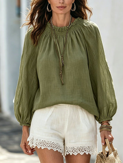 Women's Balloon Sleeve Blouse Solid Casual Boho Top