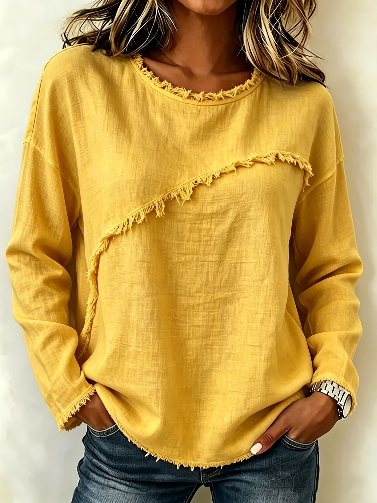 Women's Long Sleeve Round Neck Frayed Trim Casual Loose Top