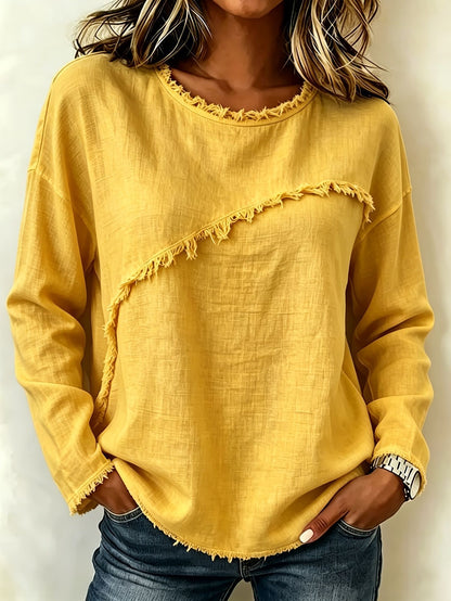 Women's Long Sleeve Round Neck Frayed Trim Casual Loose Top