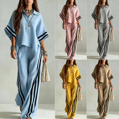 Women's Striped Oversized Shirt Wide Leg Pants 2 Piece Set