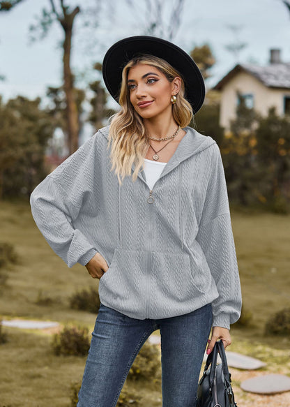 Oversized Textured Zip-Up Hoodie Jacket Pockets