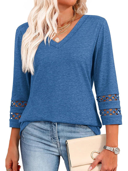 Women's V Neck 3/4 Sleeve Crochet Trim Loose Casual Blouse