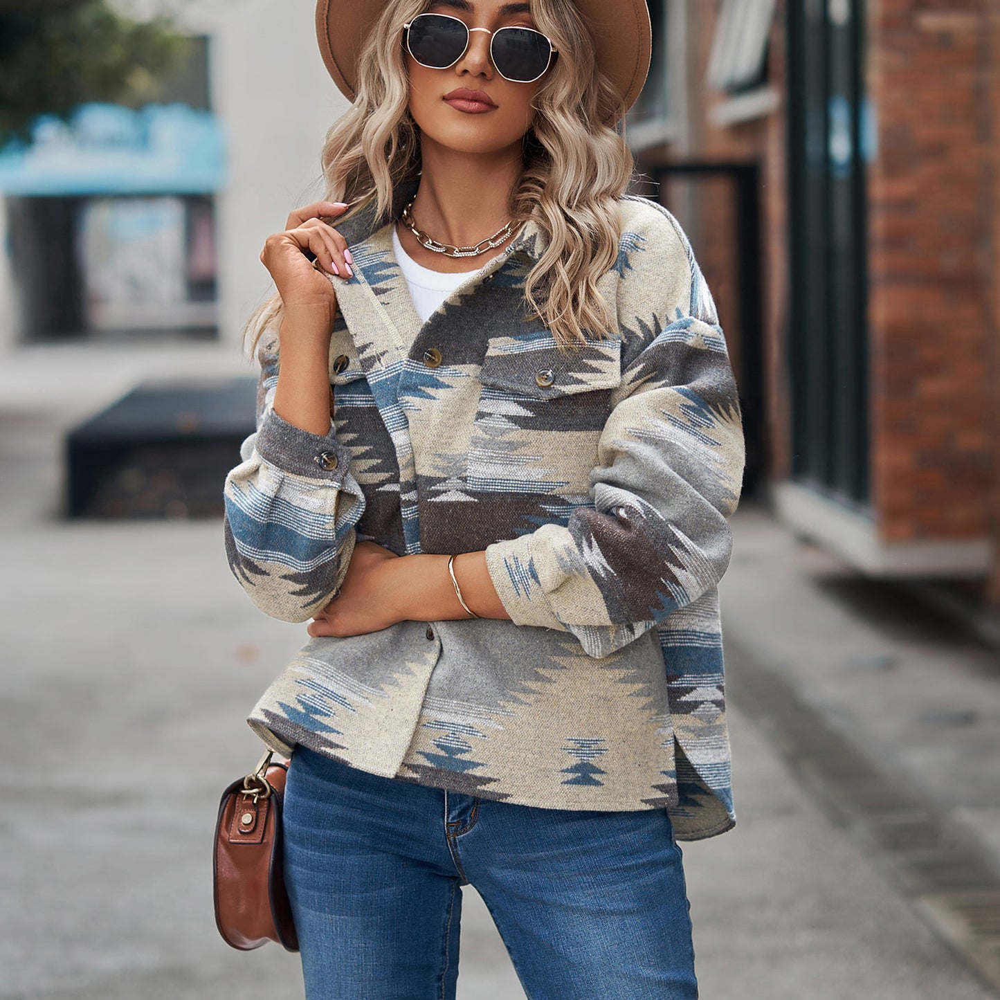 Women's Aztec Shacket Oversized Button Front Jacket
