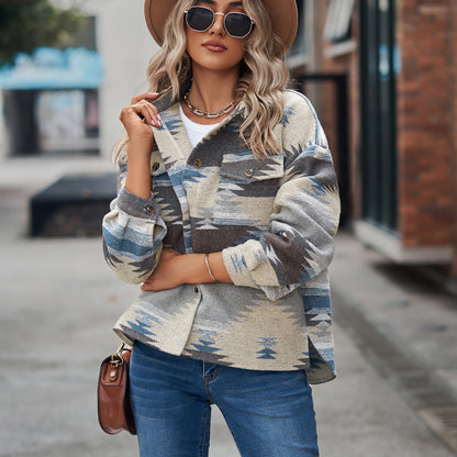 Women's Aztec Shacket Oversized Button Front Jacket