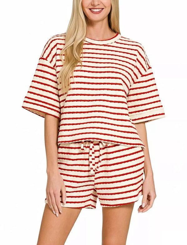Stripe Textured Knit Lounge Set Casual Shorts Outfit