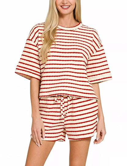 Stripe Textured Knit Lounge Set Casual Shorts Outfit