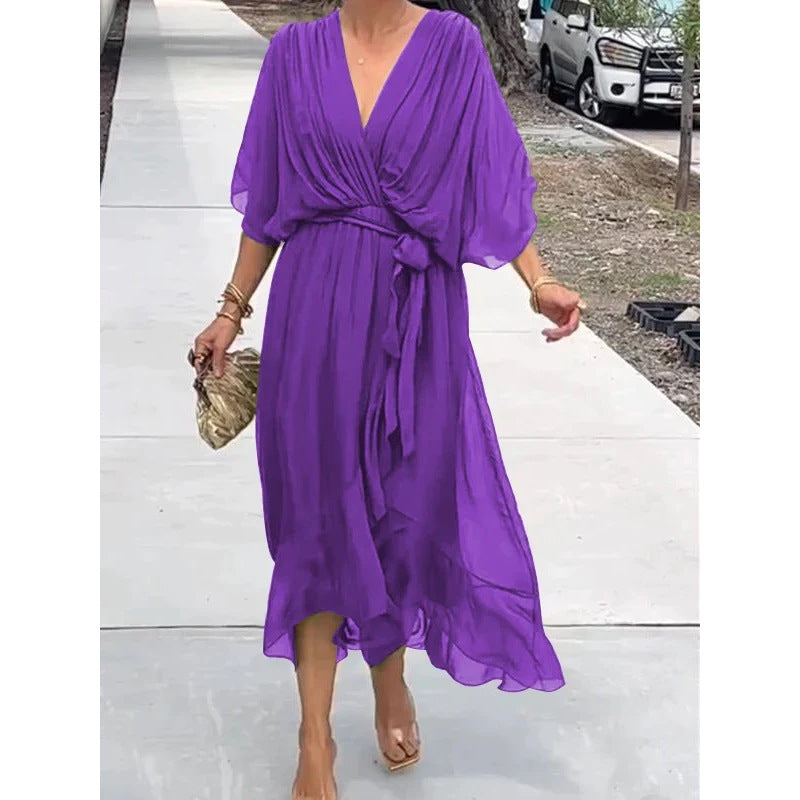 Women's V-Neck Batwing Chiffon Midi Dress Tie Waist Flowy