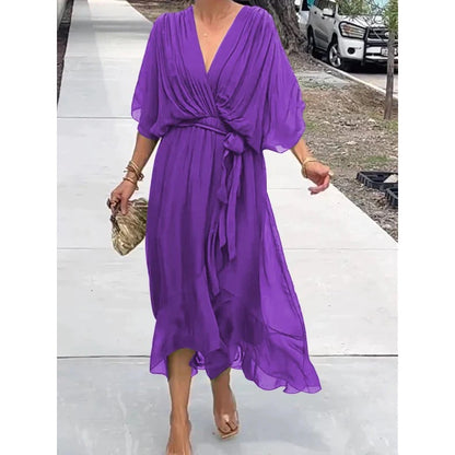 Women's V-Neck Batwing Chiffon Midi Dress Tie Waist Flowy