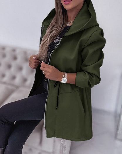Women's Hooded Drawstring Waist Zip Up Mid Length Jacket