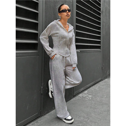 Fitted Zip Hoodie Wide Leg Sweatpants Two Piece Set