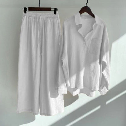 Linen Blend Button Shirt Wide Leg Pants Two Piece Set