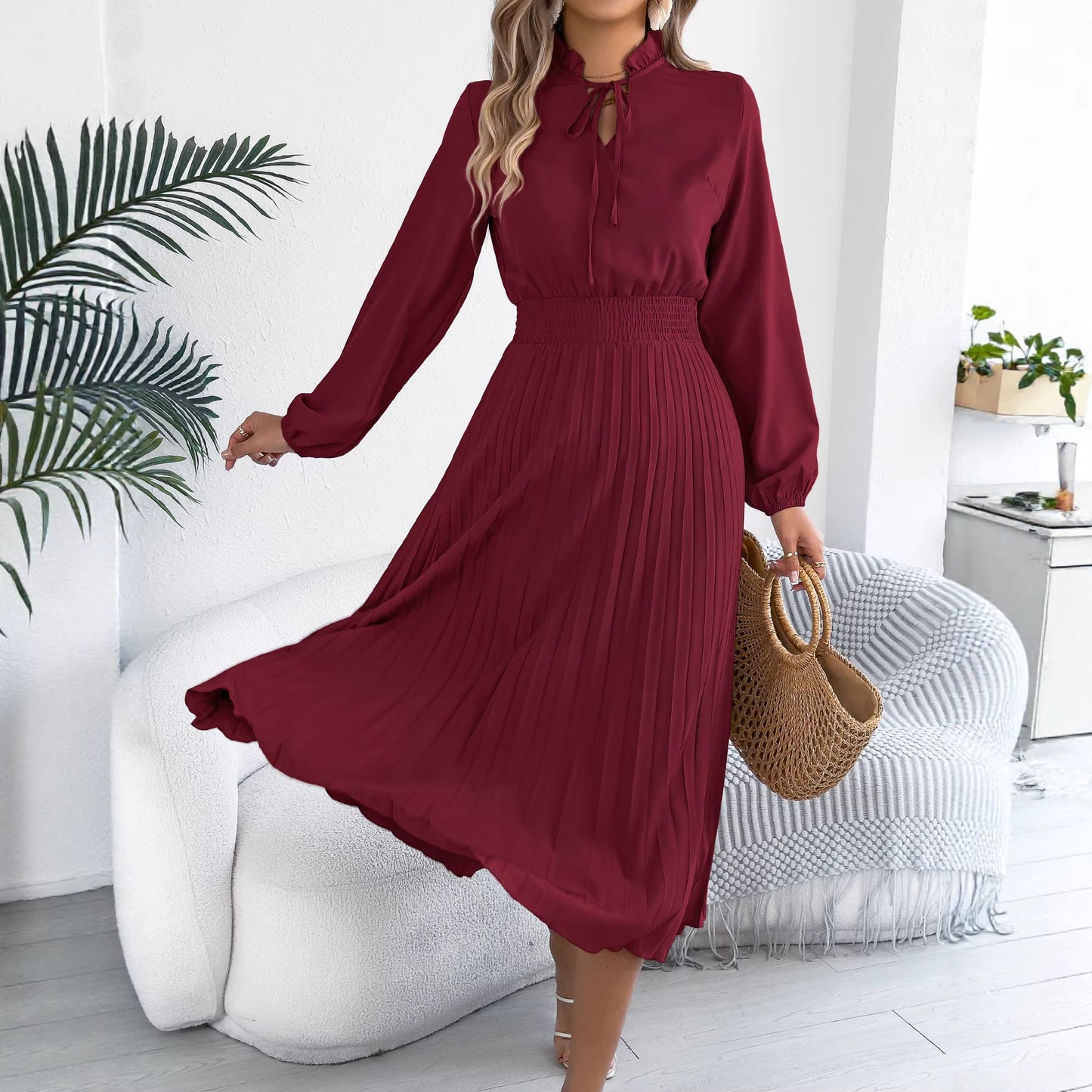 Pleated Chiffon Maxi Dress Elegant Tie Neck Long Sleeve