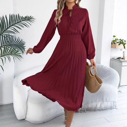 Pleated Chiffon Maxi Dress Elegant Tie Neck Long Sleeve
