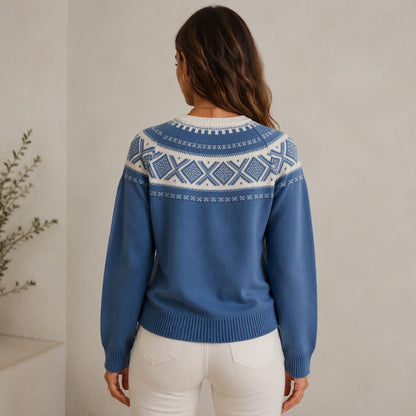 Womens Nordic Fair Isle Sweater Oversized Crewneck Blue
