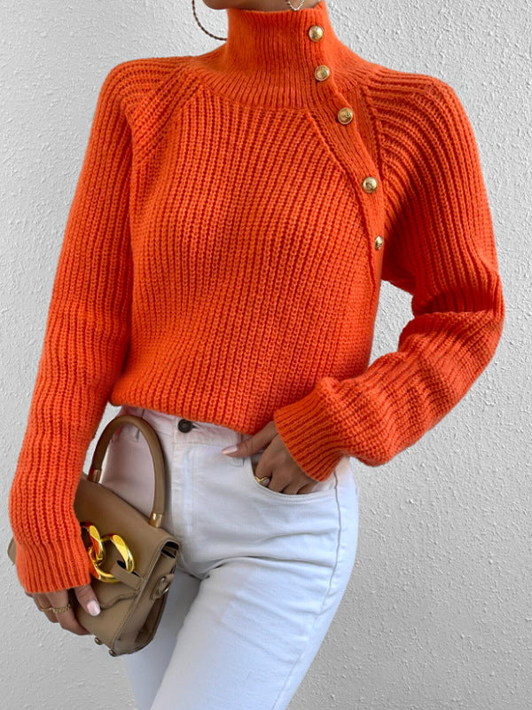 Women's Mock Neck Button Ribbed Pullover Sweater