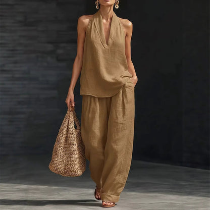 Women's Sleeveless Halter Top Wide Leg Pants Matching Set
